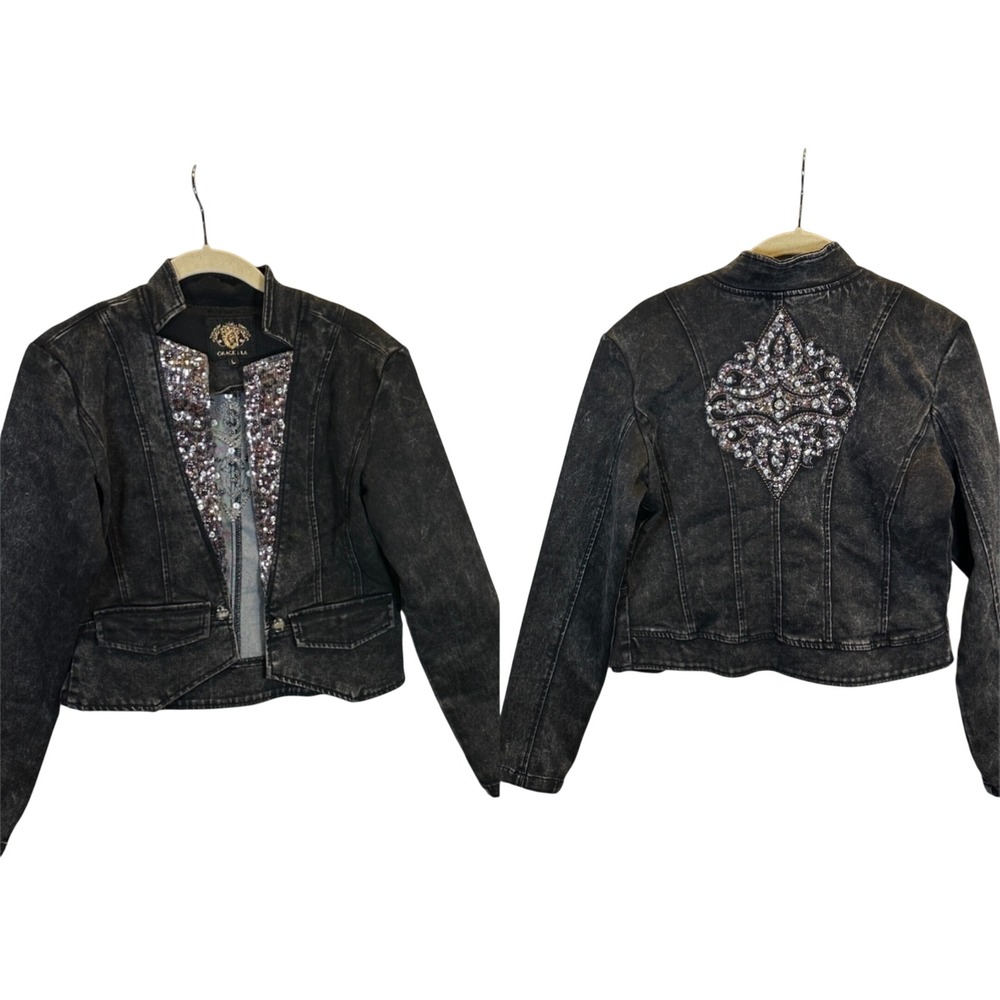 Grace in LA Black Acid Wash Sequin Embellished Denim Jacket Large